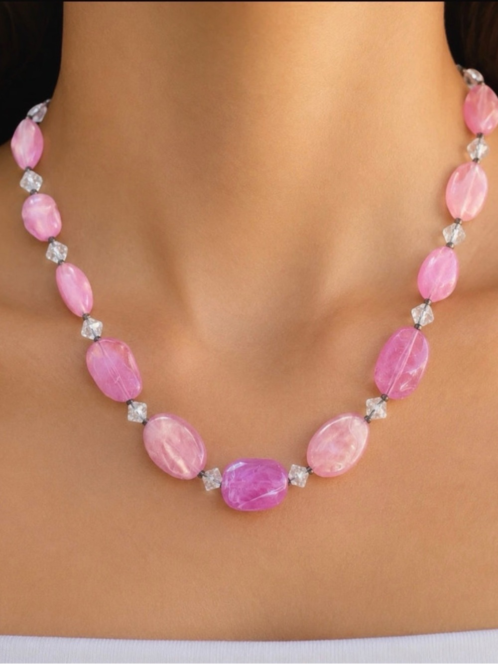 Pink Beaded Statement Necklace Acrylic Crystal Cottagecore Feminine Jewelry